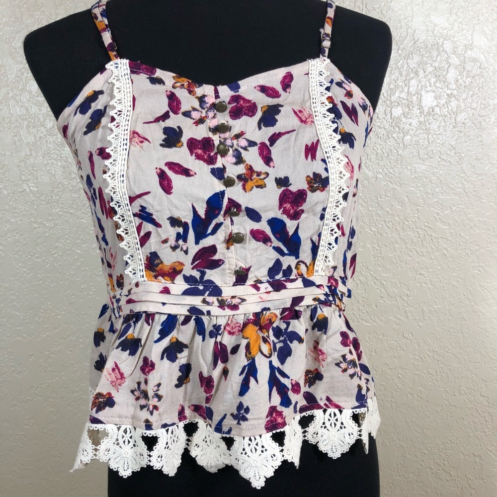 Floral Spaghetti Strap Top withCrochet Detail